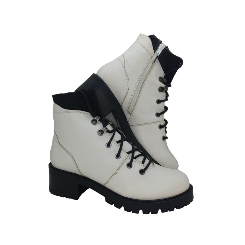 ENJOIYA Womens New White Leather w/Black Combat Boots w/zipper on side - sz. 7